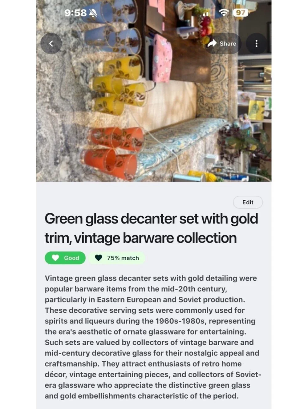 Vintage Colored Glasses Set with Gold Trim - Mid 20th Century Barware Collection